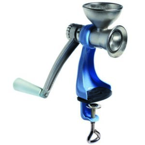 Mohnmühle, Gehäuse / Trichter Edelstahl, Fuß blau